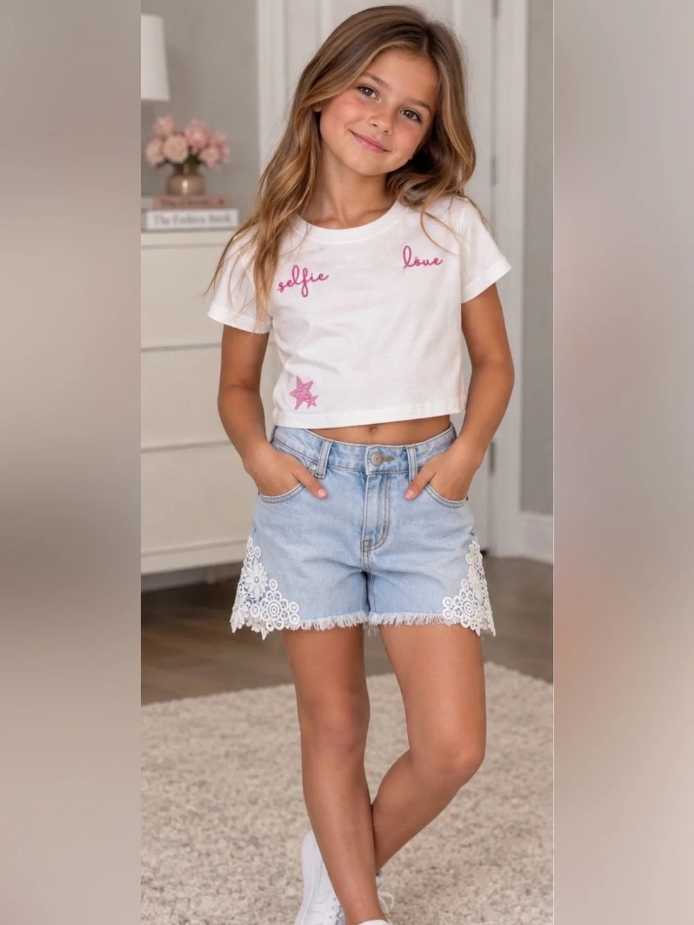 KIDS✨Girls Trendy 2-Piece Outfit Selfie Love Crop Tee + Lace Denim Shorts